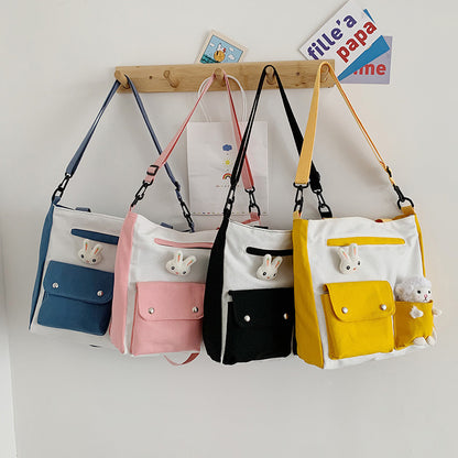 Women Cute Cartoon Doll Decoration Pocket Design Color Blocking Canvas Shoulder Bag