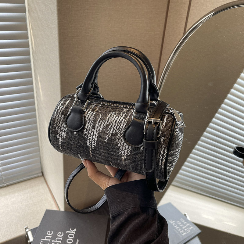 Sac à bandoulière cylindrique à paillettes vintage avec fermeture éclair 