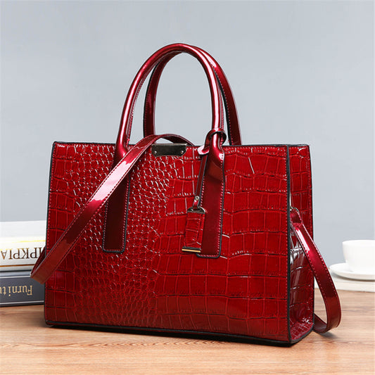 Women Vintage Zipper Design Crocodile Pattern Large Capacity PU Handle Bag