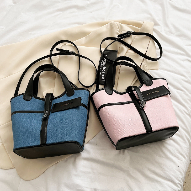 Women Fashion Canvas Basket Handheld Bucket Bag