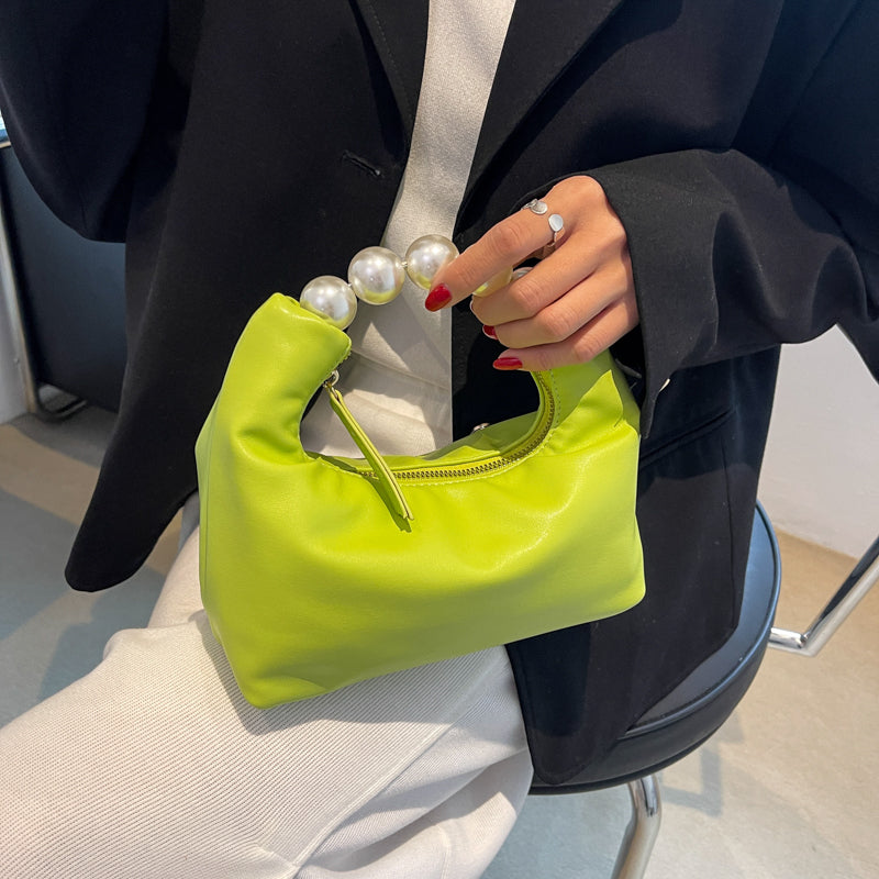 Women Chic Beaded Zipper Design Solid Color PU Handle Bag