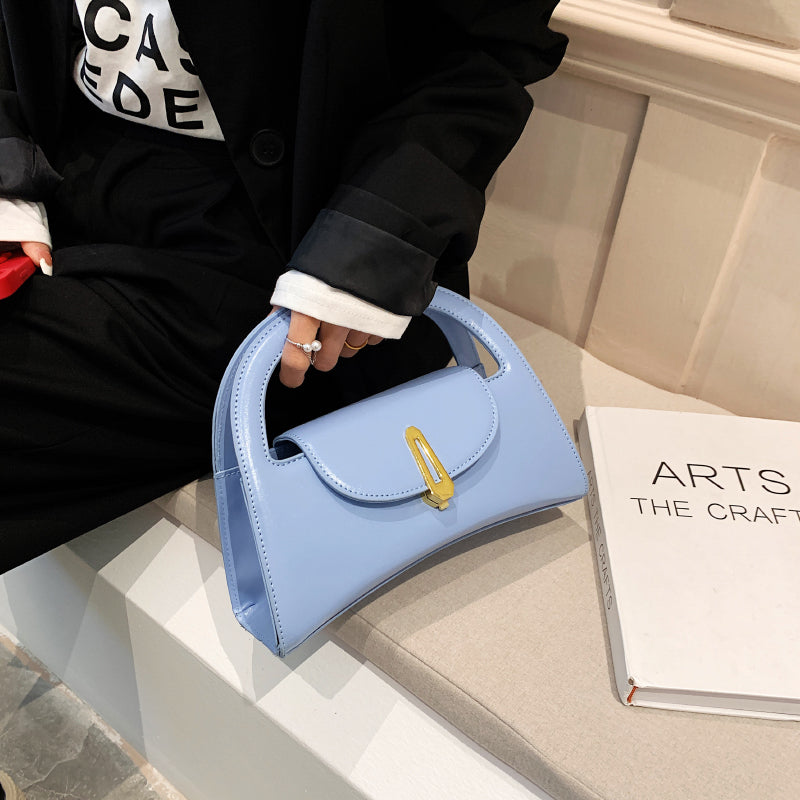 Women Chic Flap Buckle Design Solid Color PU Handle Bag