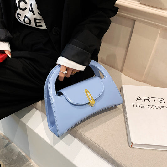 Women Chic Flap Buckle Design Solid Color PU Handle Bag