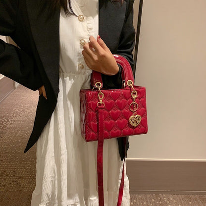 Women Fashion Heart Diamond Square PU Handle Crossbody Bag