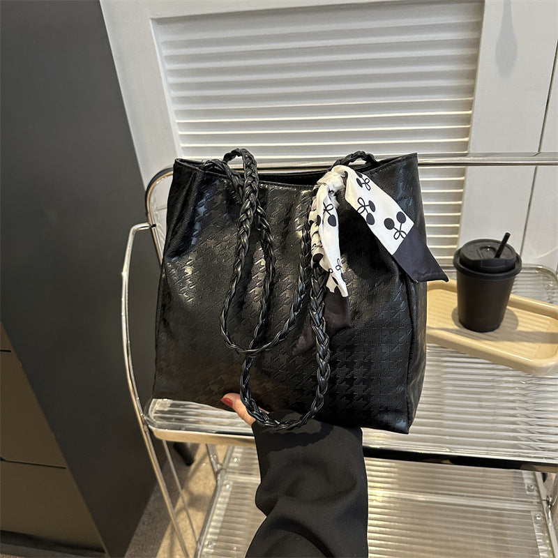 Women Fashionable Large Capacity Silk Scarf Handle Decorative PU Tote Bag