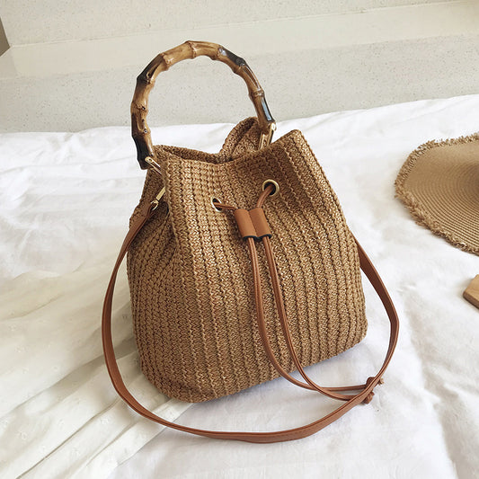 Sac seau à cordon de serrage pour femme, style vintage tissé, tendance été
