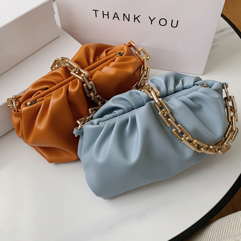 Women Creative Thick Chain Crease Design Solid Color PU Underarm Bag