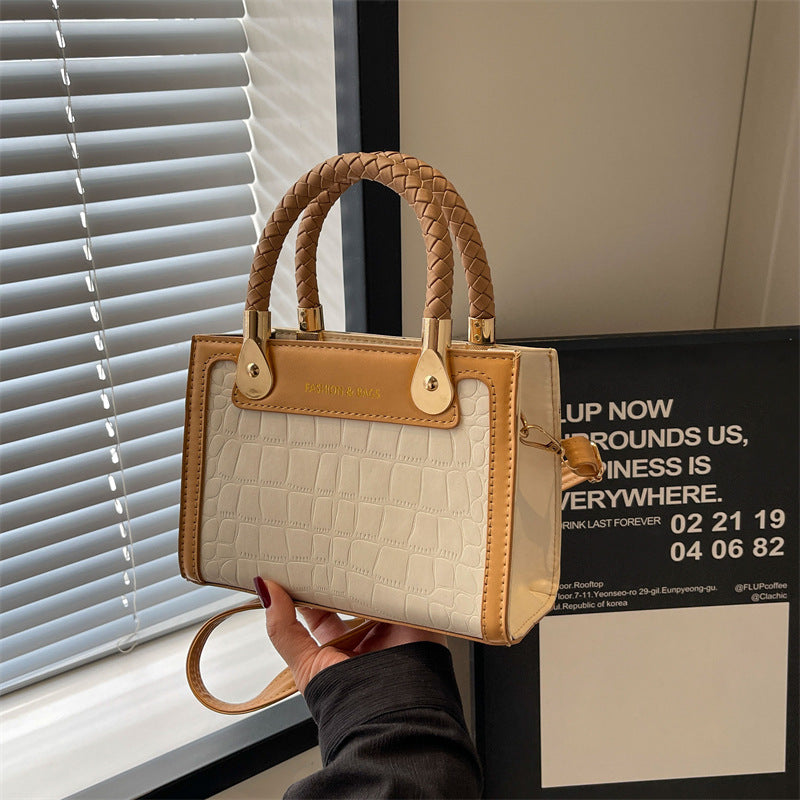 Sac à bandoulière tissé à motif pierre et blocs de couleurs pour femme, avec poignée carrée 