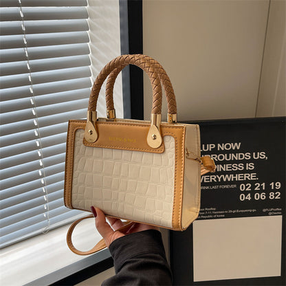 Sac à bandoulière tissé à motif pierre et blocs de couleurs pour femme, avec poignée carrée 