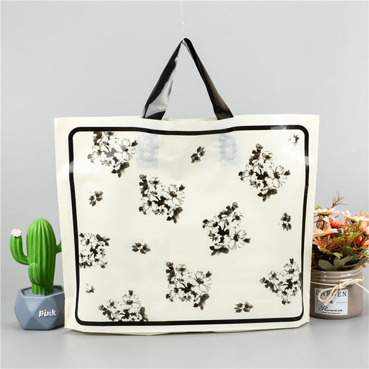 Simple Black White Floral Printed Shopping Plastic Tote Bag