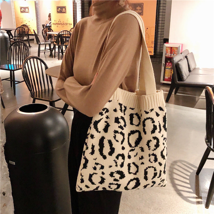Knitted Shopping Bag Leopard Woven One-Shoulder Casual Portable Shoulder Handle Bag