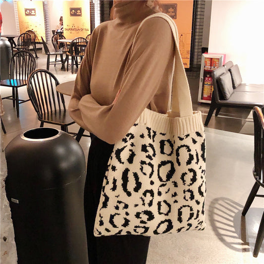 Knitted Shopping Bag Leopard Woven One-Shoulder Casual Portable Shoulder Handle Bag