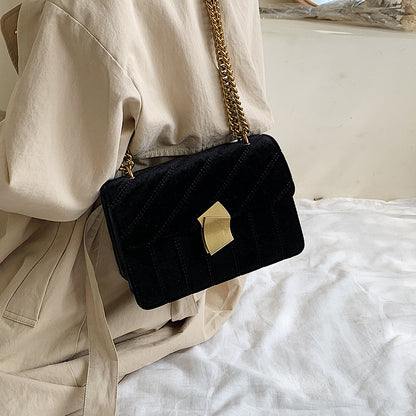 Women Elegant Flap Buckle Design Solid Color Velvet Shoulder Bag