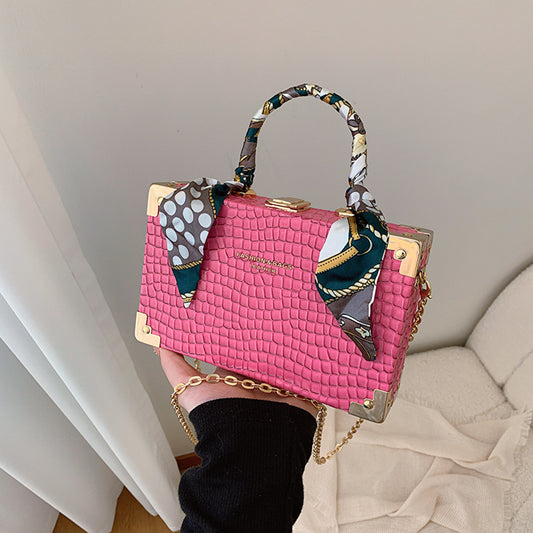 Women Fashionable Simple Square Silk Scarf Decorative Chain Crossbody Bag