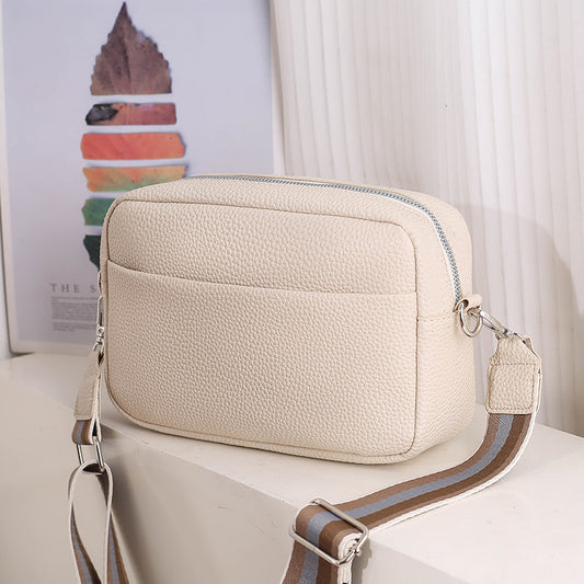 Women Fashion Solid Color Litchi Pattern Wide Strap Square Zipper Crossbody Bag