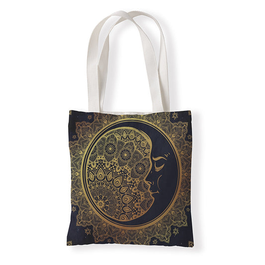 Women Fashion Black Moon Sun Pattern Printed Canvas Tote Bag