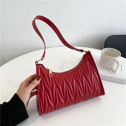 Women Basic Zipper Crease Design Solid Color PU Underarm Bag