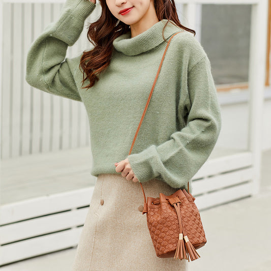 Women Casual Tassel Decorative Drawstring Design PU Bucket Crossbody Bag