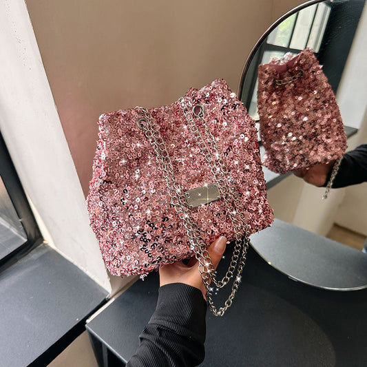 Sac seau à paillettes tendance, sac à bandoulière avec chaîne 