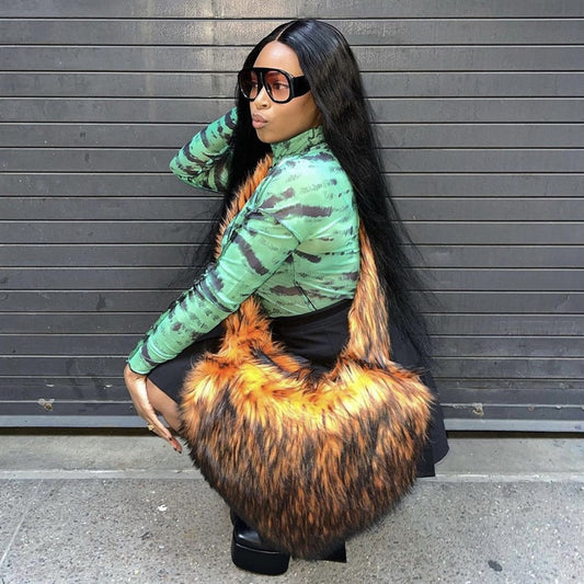 Women Fashion Casual Color Blocking Large Capacity Heart Plush Shoulder Bags