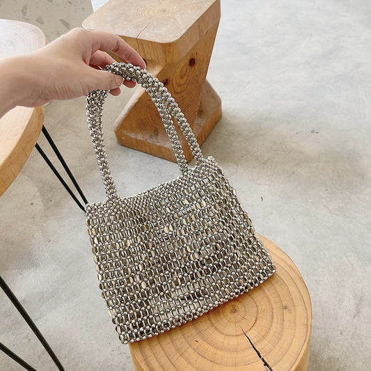 Sac à main simple tissé avec poignée en métal pour femme 
