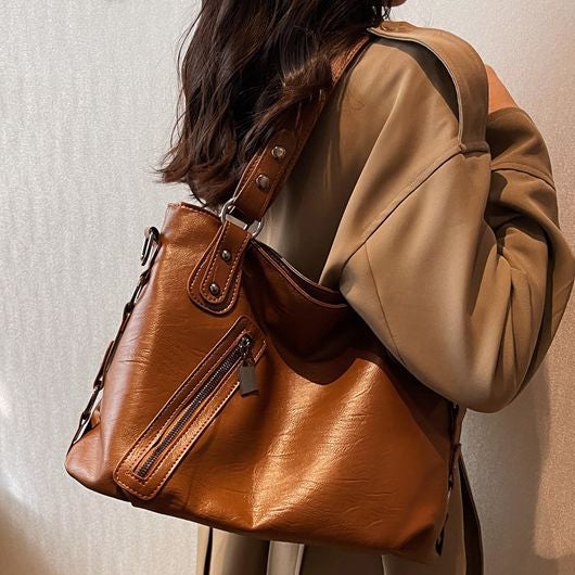 Women Fashionable Large Capacity Stud Zip PU Tote Bag