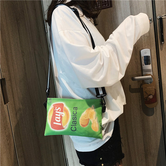 Women Fashion Creative Rectangular Letter Printed Potato Chip Shoulder Canvas Bag