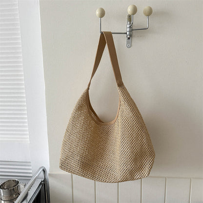 Women Casual Solid Color Woven Large Capacity Tote Bag