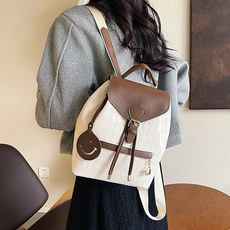 Women Fashion Rhombic Printed Smiley Face Pendant Large Capacity Backpack