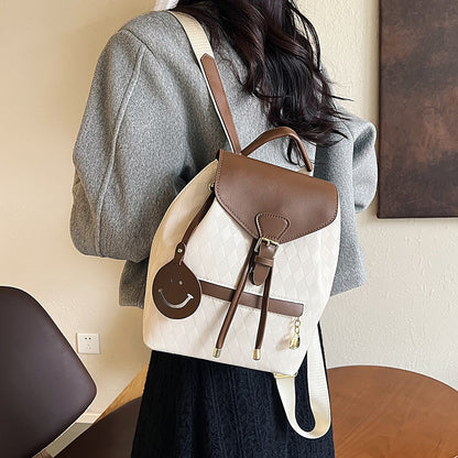 Women Fashion Rhombic Printed Smiley Face Pendant Large Capacity Backpack