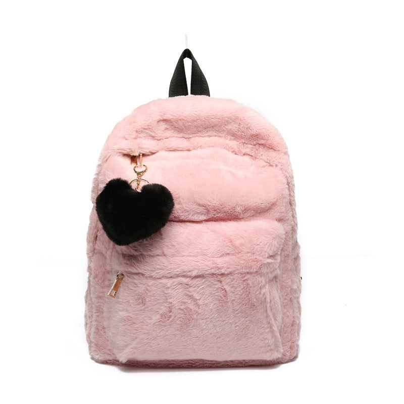 Women Casual Zipper Heart Pendant Design Solid Color Plush Large Capacity Backpack
