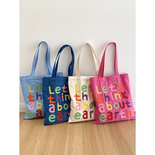 Women Simple Letter Embroidered Large Capacity Canvas Shopping Tote Bag