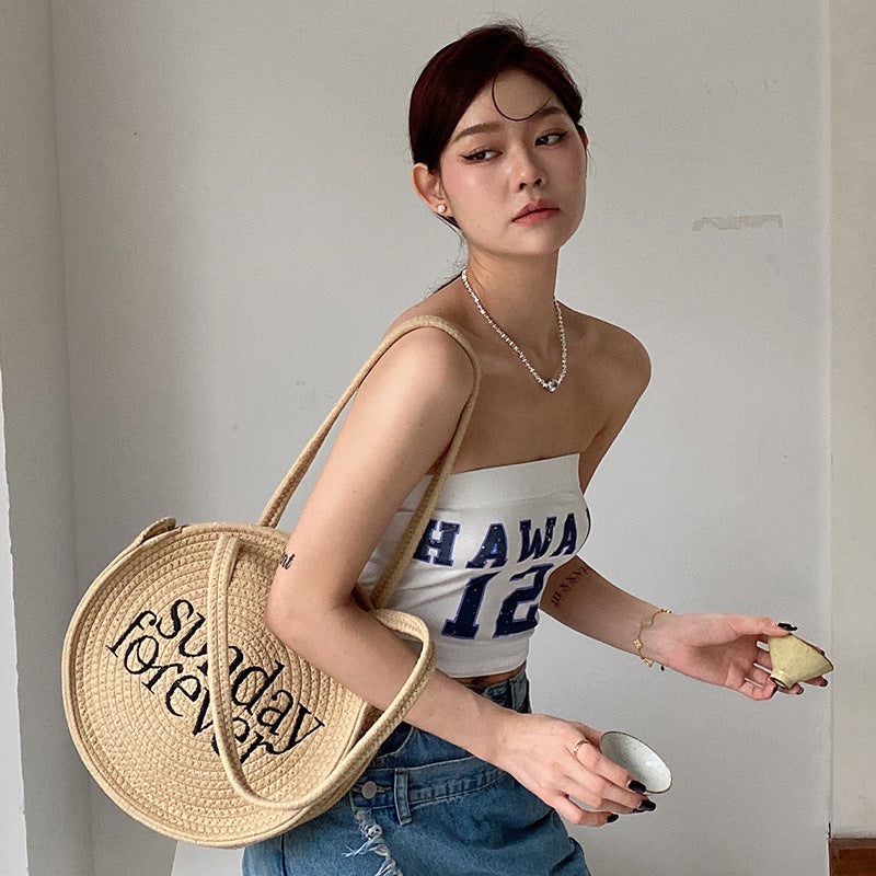 Fashion Vacation Round Shape Sunday Forever Letter Straw Woven Shoulder Bag