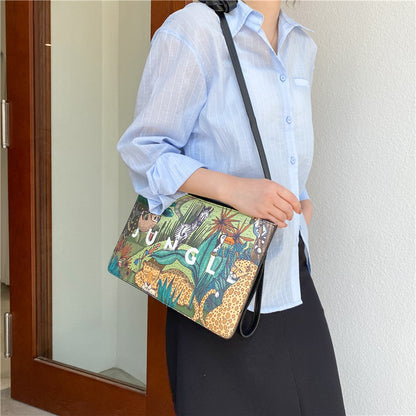 Women Fashion Cartoon Girl'S Animal Print Large Capacity Zipper Hand Shoulder Bag