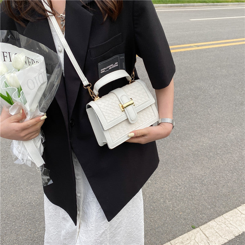 Women Fashion Solid Color Woven Rhomboid Flap PU Crossbody Bag