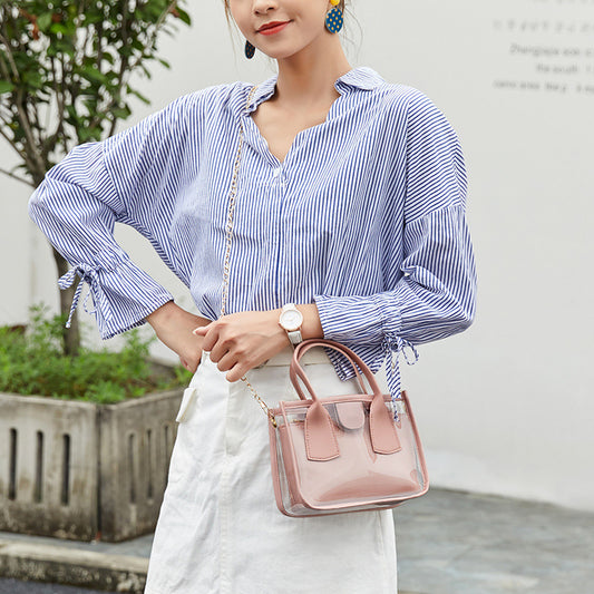 Women Fashion Zipper Design Transparent Solid Color PU Crossbody Bag