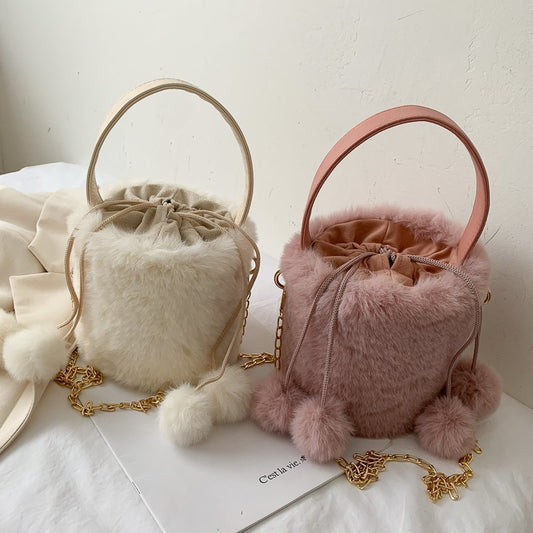 Sac seau portable antivol en peluche avec cordon de serrage pour femme 