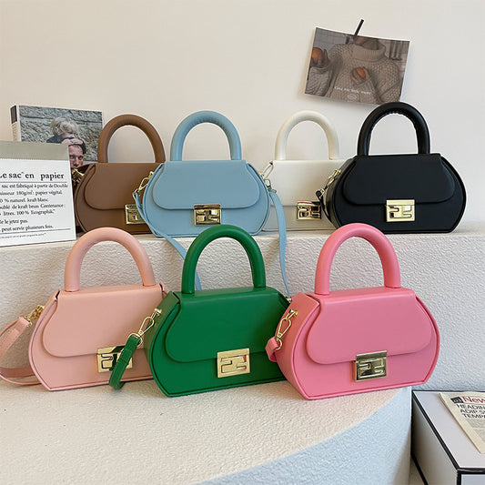Women Fashionable Solid Color Flap Lock Shaped Handle Crossbody Bag