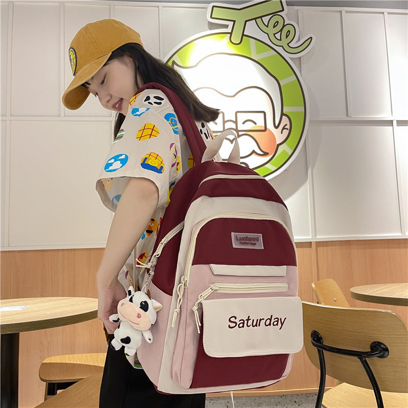 Women Casual Multi Pocket Design Letter Pattern Color Blocking Canvas Large Capacity Backpack
