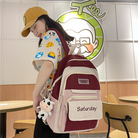Women Casual Multi Pocket Design Letter Pattern Color Blocking Canvas Large Capacity Backpack