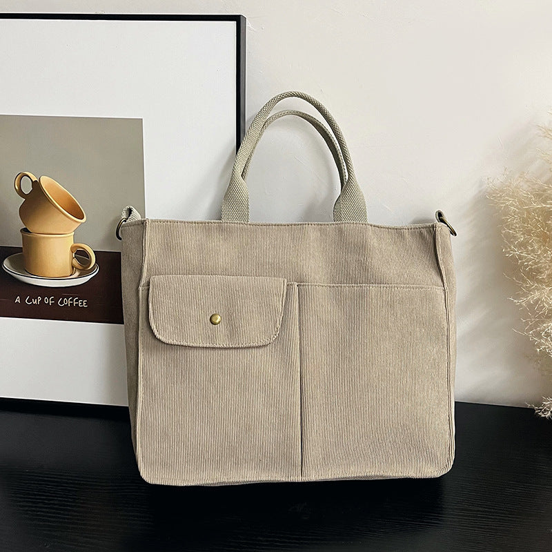 Women Casual Simple Solid Color Large Capacity Corduroy Handbag