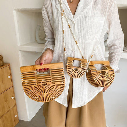 Women Fashion Bamboo Weaving Pearl Pop Straw Saddle Handbag