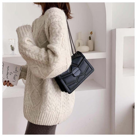 Women Fashion Casual PU Solid Color Rivet Chain Crossbody Bag