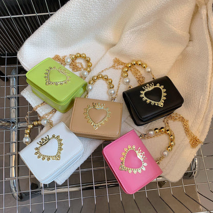 Women Fashion Elegant Heart Pearl Handbag Crossbody Small Square Bag