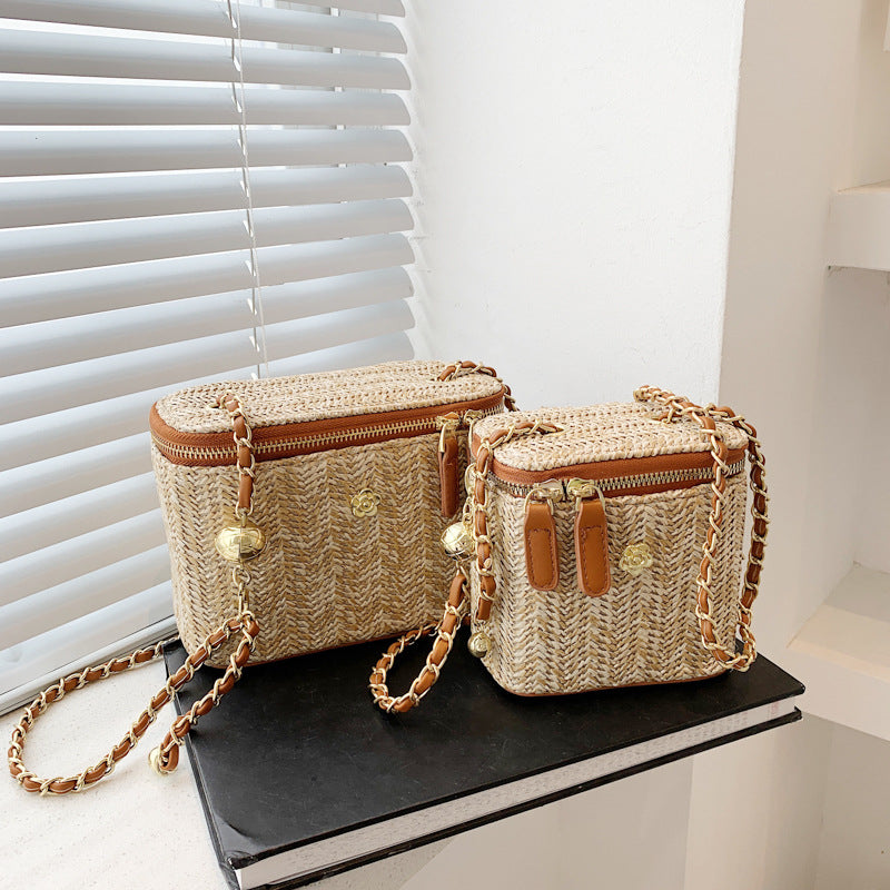 Women Fashion Simple Straw Woven Zipper Square Crossbody Bag