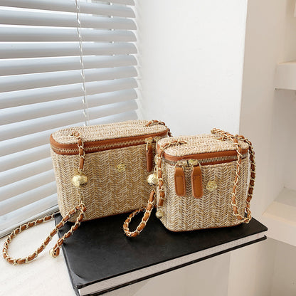 Women Fashion Simple Straw Woven Zipper Square Crossbody Bag