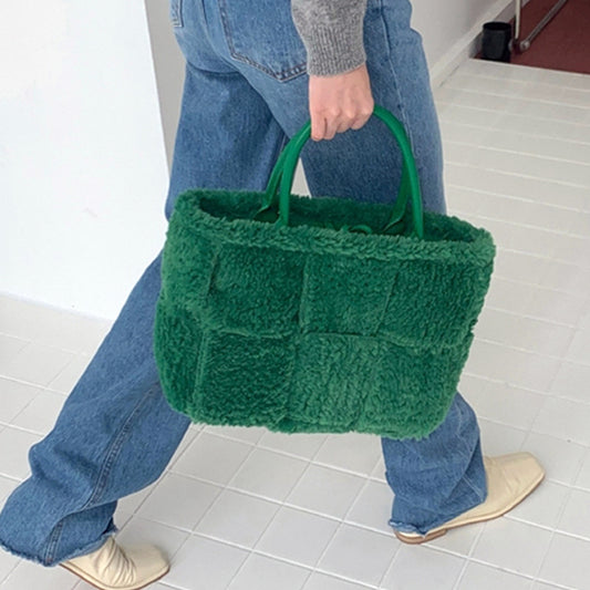 Women FashionLamb Wool Green Woven Tote Bag