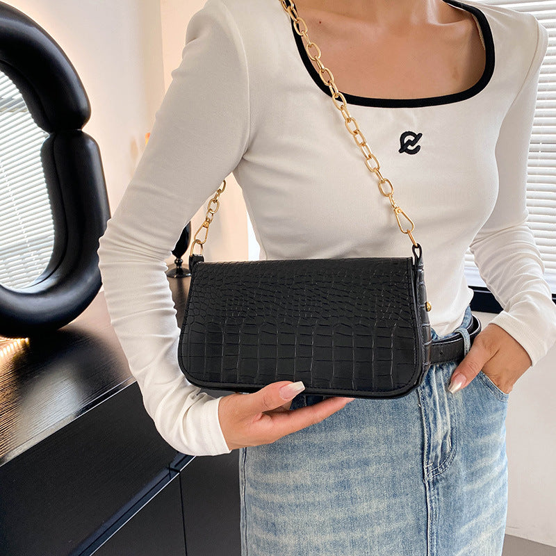 Sac à bandoulière carré décontracté à motif crocodile pour femme avec chaîne et rivets 