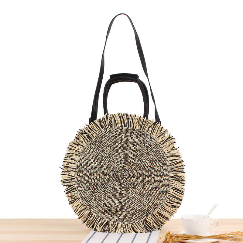 Women Bohemian Straw Woven Tassel Round Shoulder Bag