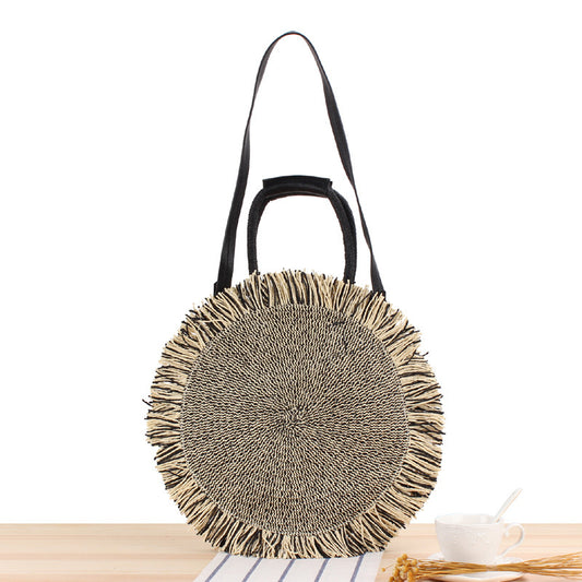 Women Bohemian Straw Woven Tassel Round Shoulder Bag